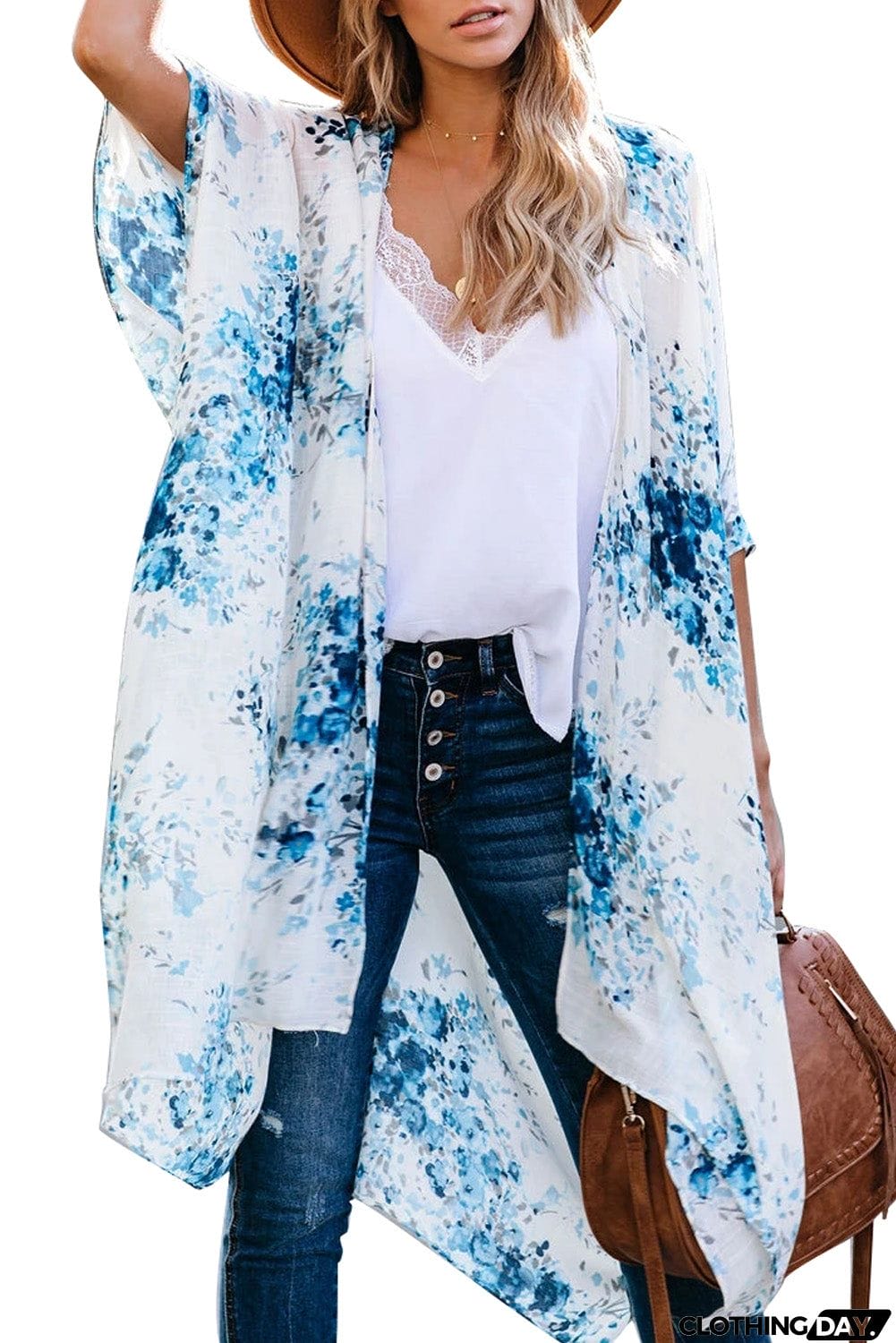 Floral Kimono Sleeves Chiffon Loose Beach Cover Up