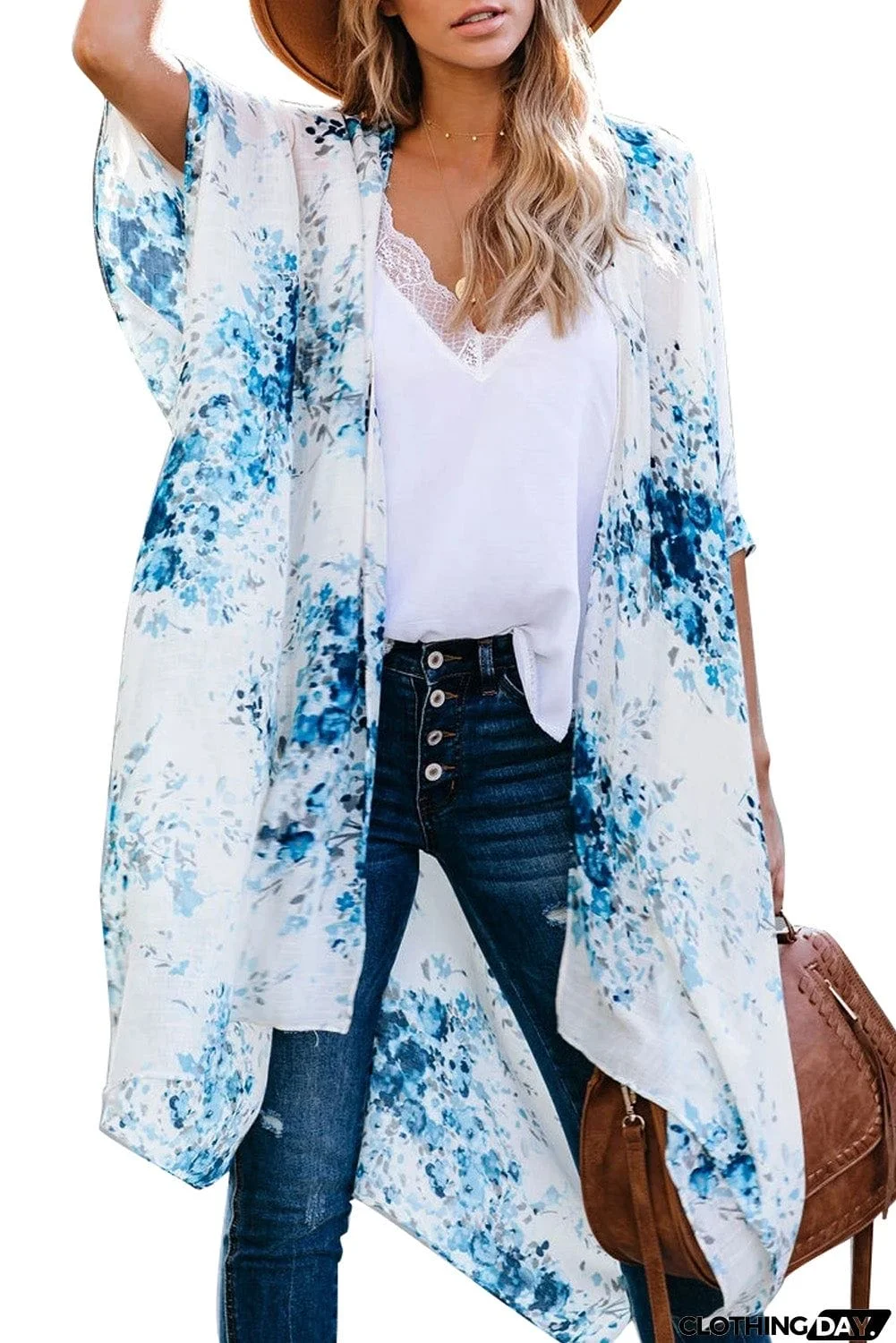 Floral Kimono Sleeves Chiffon Loose Beach Cover Up
