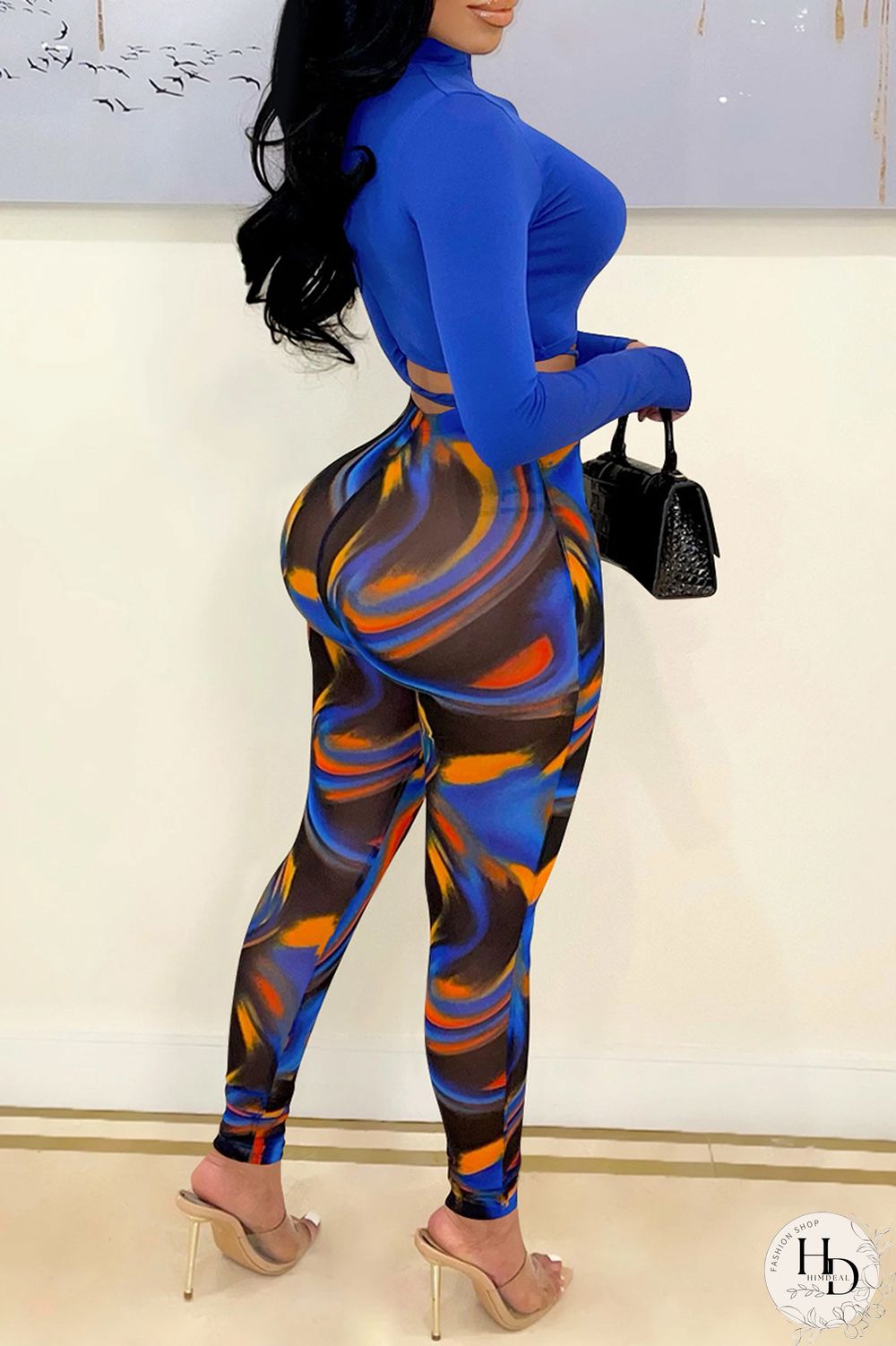 Blue Fashion Casual Print Bandage Turtleneck Long Sleeve Two Pieces