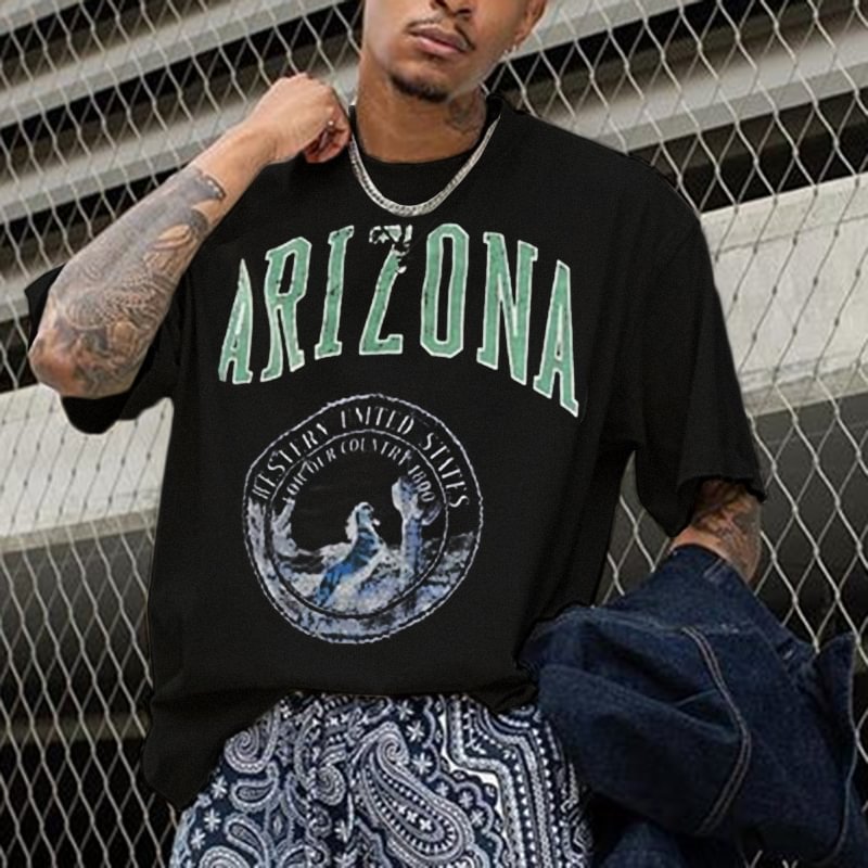 Men's Vintage Round Neck Short Sleeve Printed T-shirt、、URBENIE