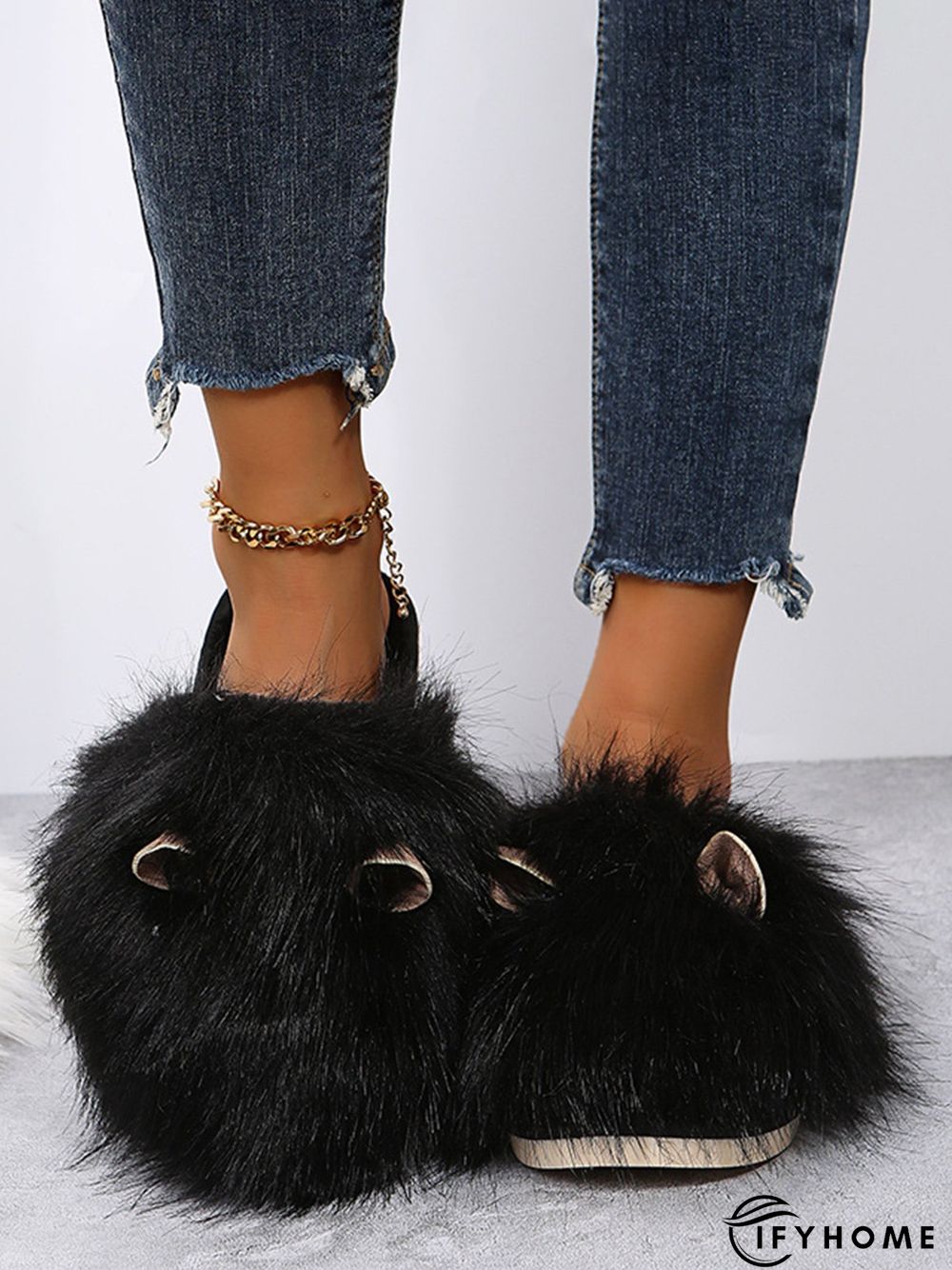 Cute Cat Ears Mohair Warm Fleece Indoor Slippers | IFYHOME