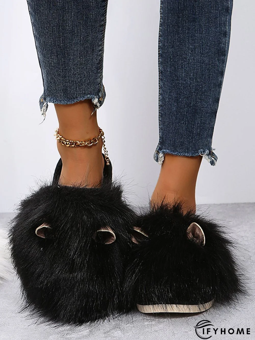 Cute Cat Ears Mohair Warm Fleece Indoor Slippers | IFYHOME