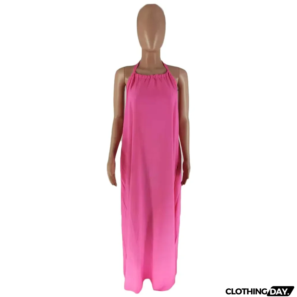 Summer Women's Sleeveless Halter Neck Sexy Low Back Solid Color Maxi Dress