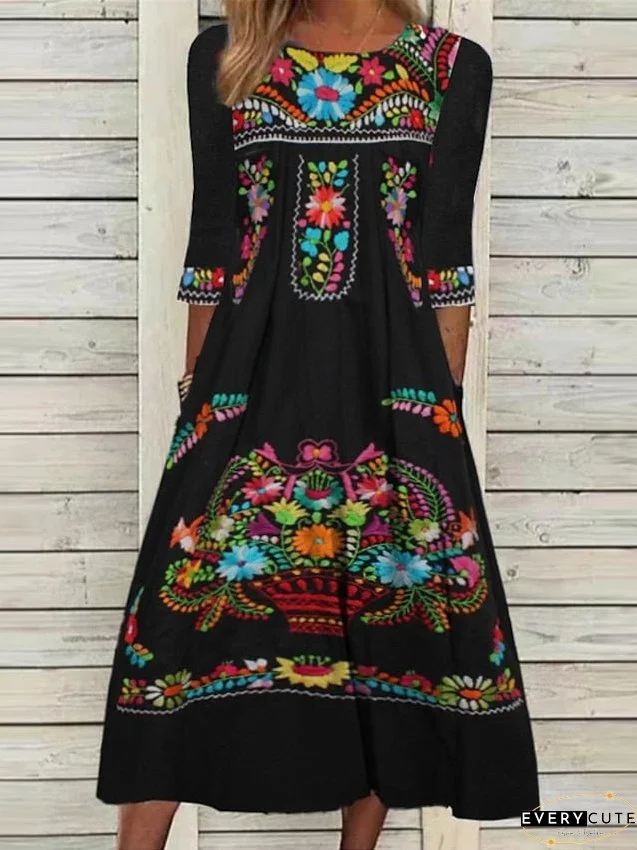 Casual Dress Ethnic Dress Shift Dress Midi Dress Black 3/4 Length Sleeve Floral Ruched Summer Spring Round Neck Vacation S M L XL XXL 3XL for Women