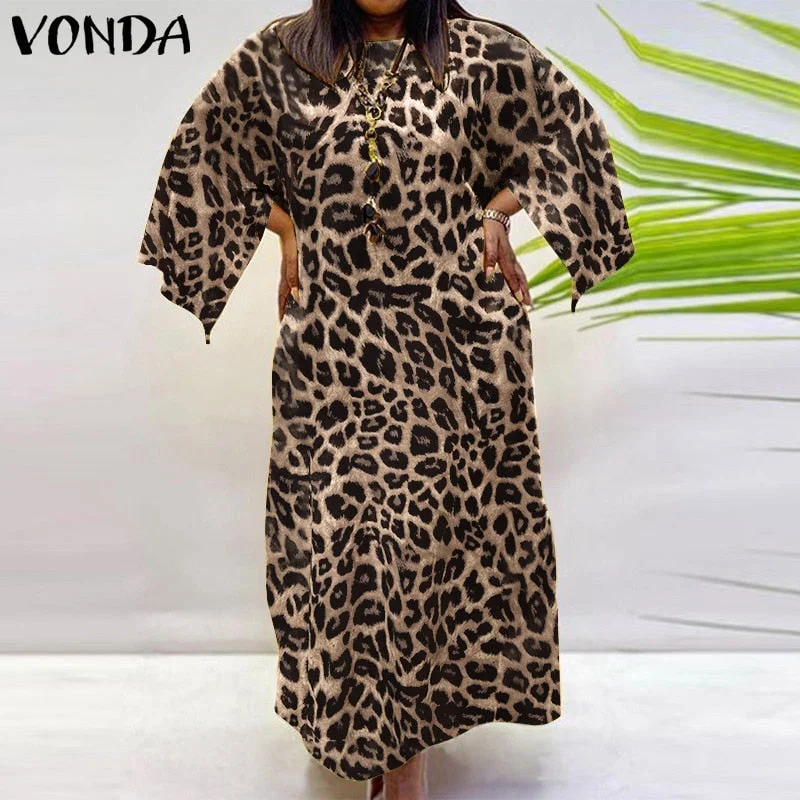 VONDA Women Bohemian Dress 2022 Casual Loose 3/4 Sleeve Holiday Dress Female Vintage Printed Party Vestidos Oversized Robe Femme