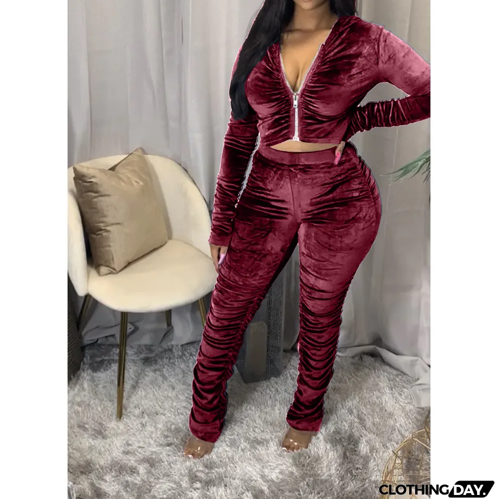 Velvet Pleated Zipper Hooded Jacket Skinny Pants Suit