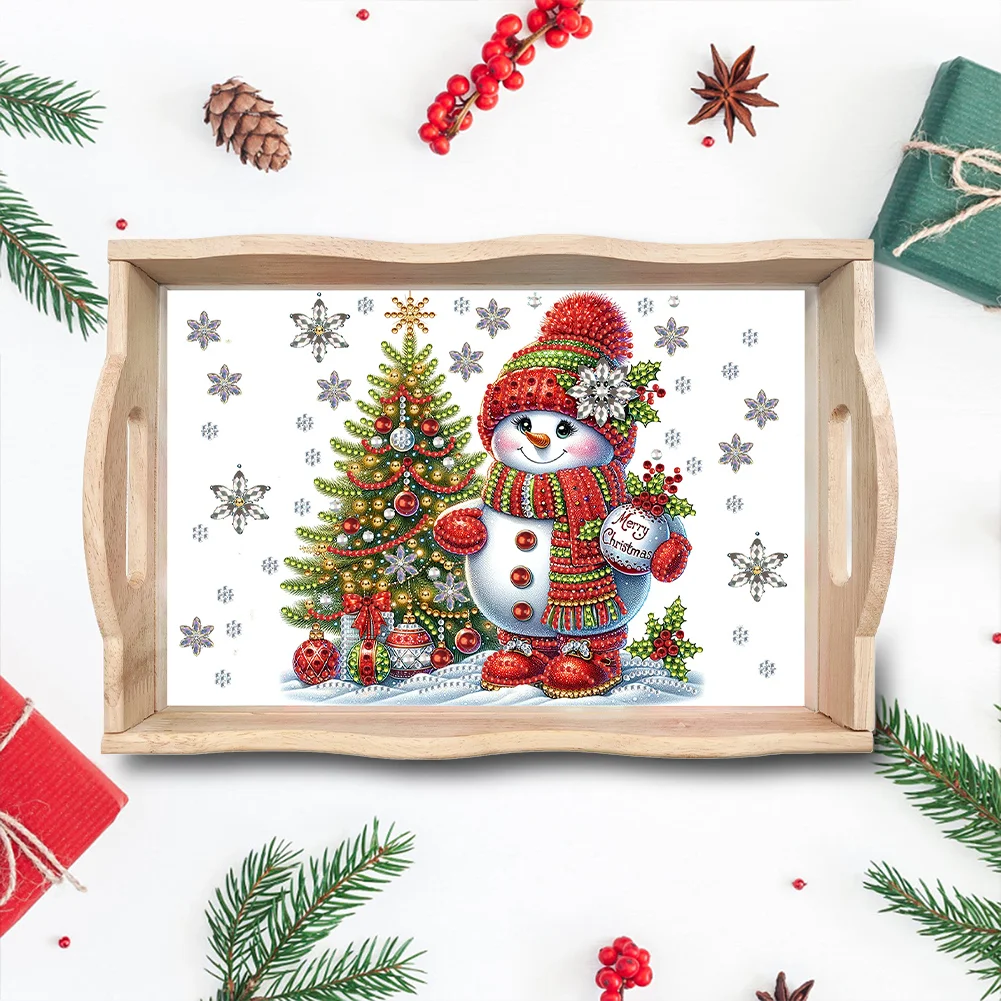 DIY Christmas Snowman Diamond Painting Wooden Serving Tray Diamond Art Dining Plate(30*20cm)