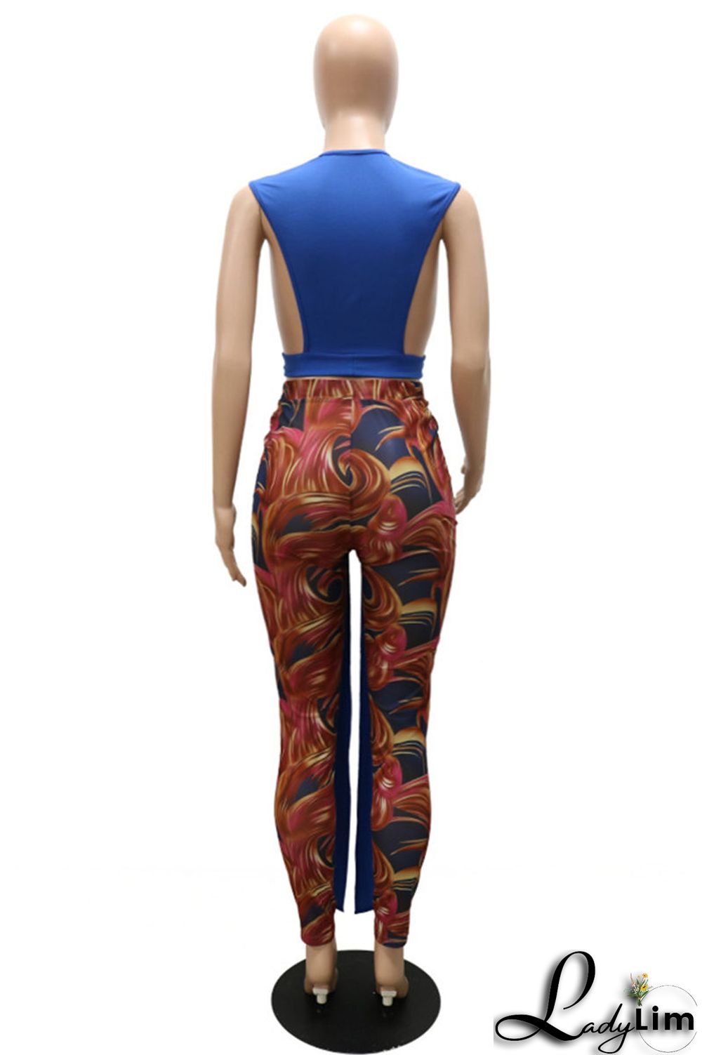 Rose Red Fashion Sexy Print Split Joint V Neck Sleeveless Two Pieces
