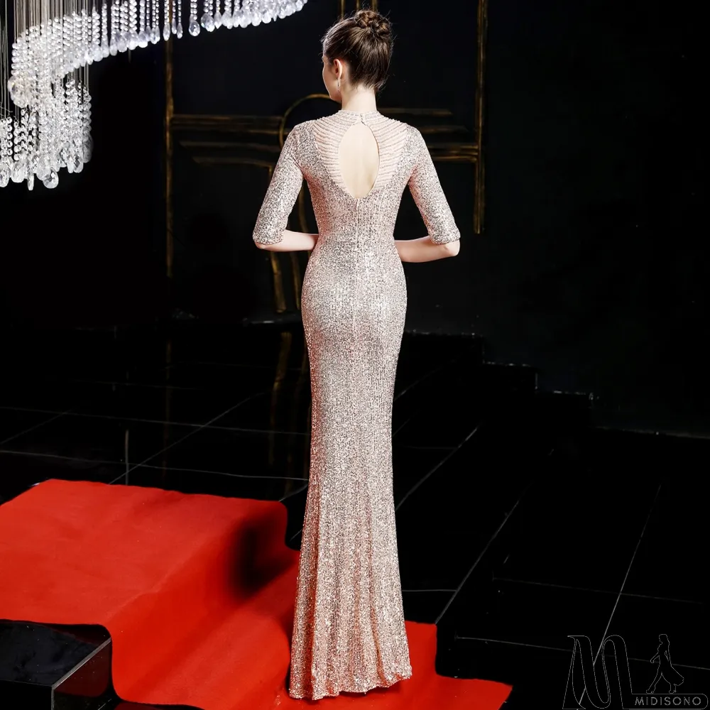 MidiSono - Sequins Half Sleeves Round Neck Evening Dress