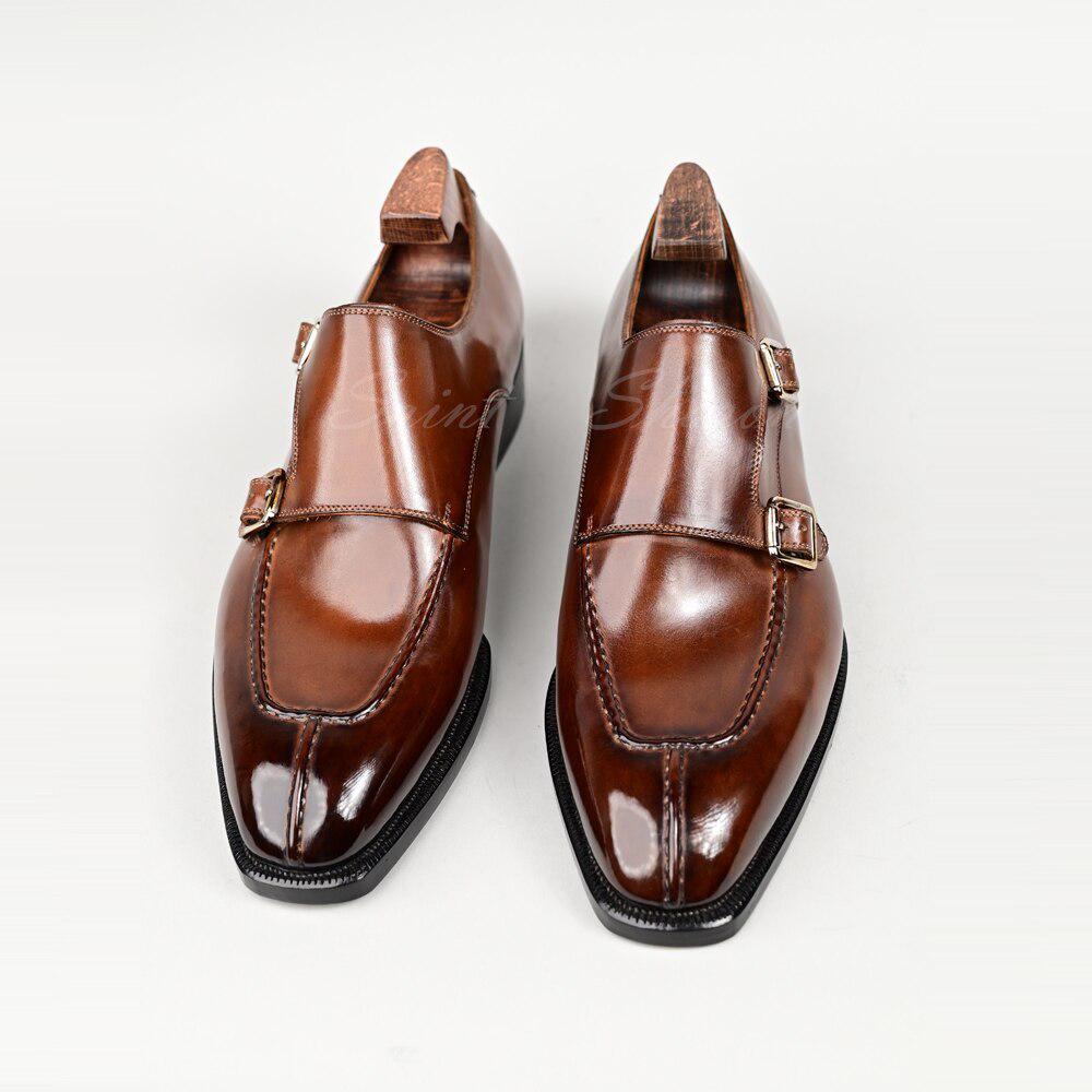 Men's Leather Shoes With Double Buckle Leather Monks