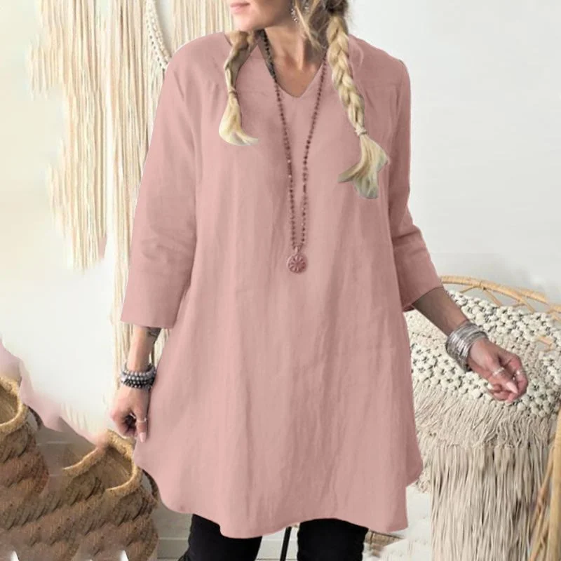 ZANZEA Women Elegant Blouse Summer V Neck 3/4 Sleeve Solid Tops Tunic Casual Cotton Linen Work Blusas Femininas Shirt Oversized