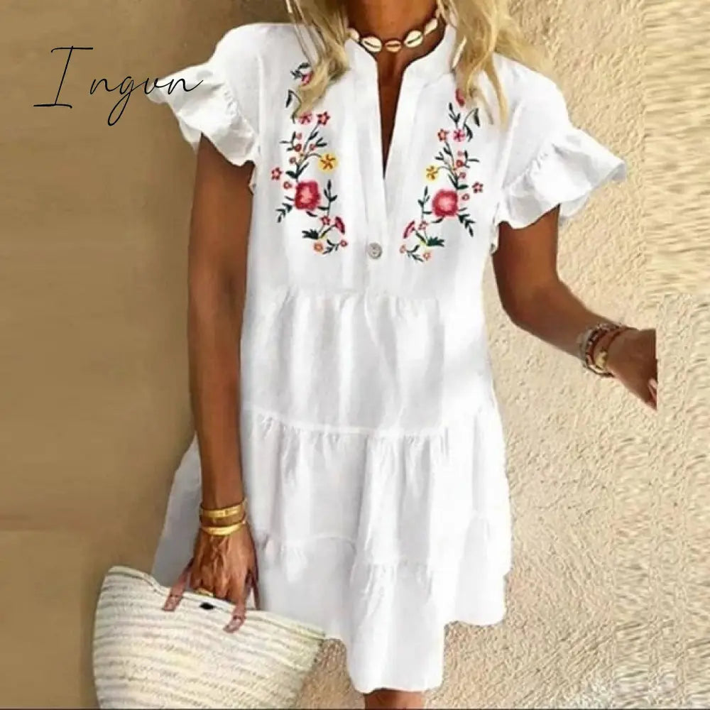Ingvn - Plus Size 5Xl Floral Print Boho Dress Women Tassle Sleeved White Mini A - Lline Autumn New