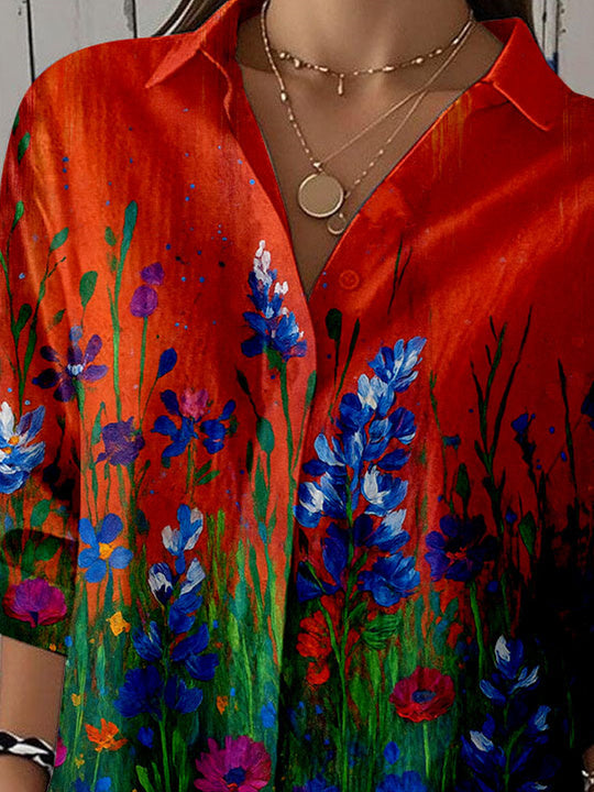 Women 3/4 Sleeve Shirt Collar Floral Printed Graphic Button Tops
