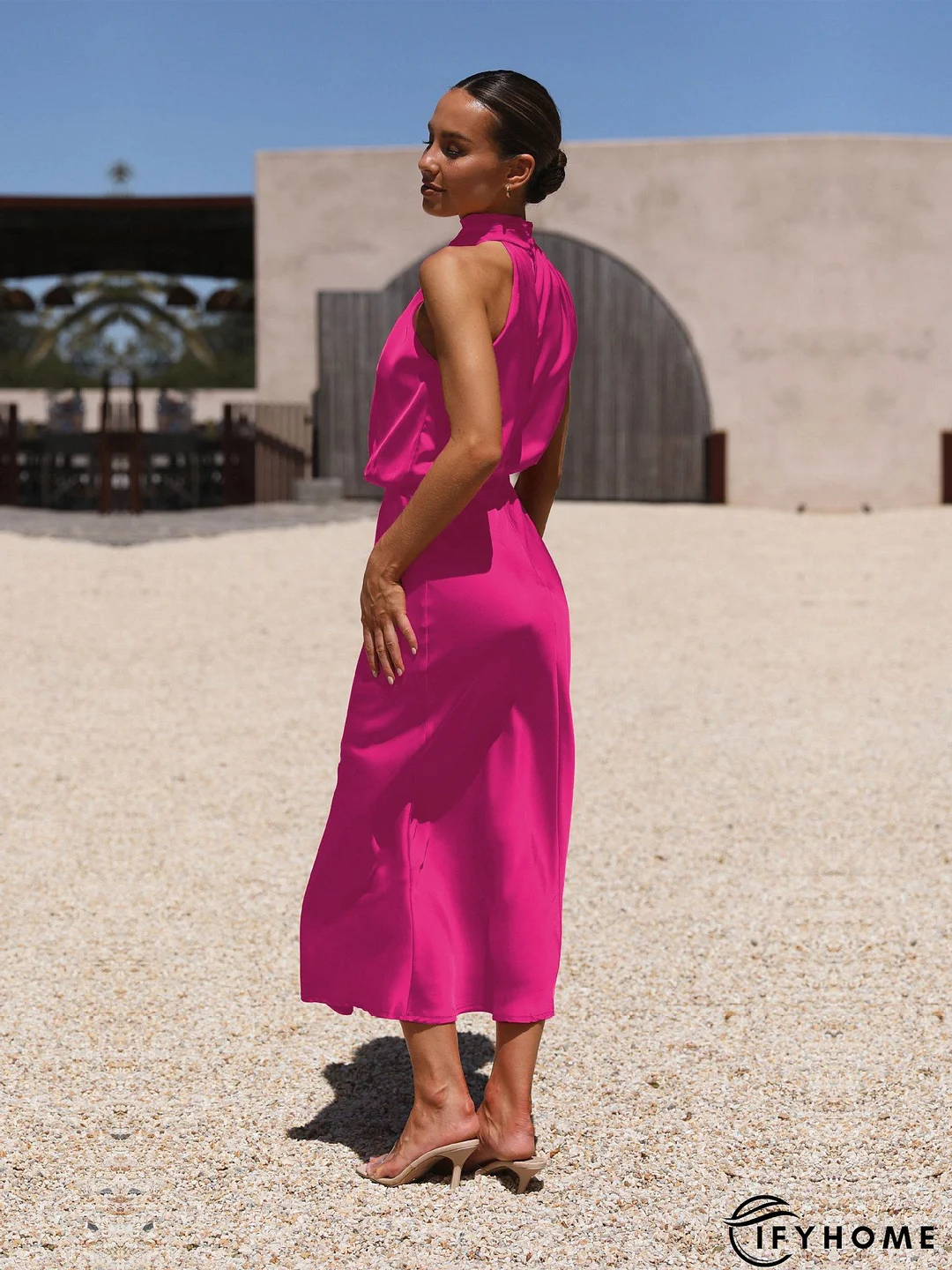 Solid Color Crew Neck Sleeveless Belted Midi Dress | IFYHOME