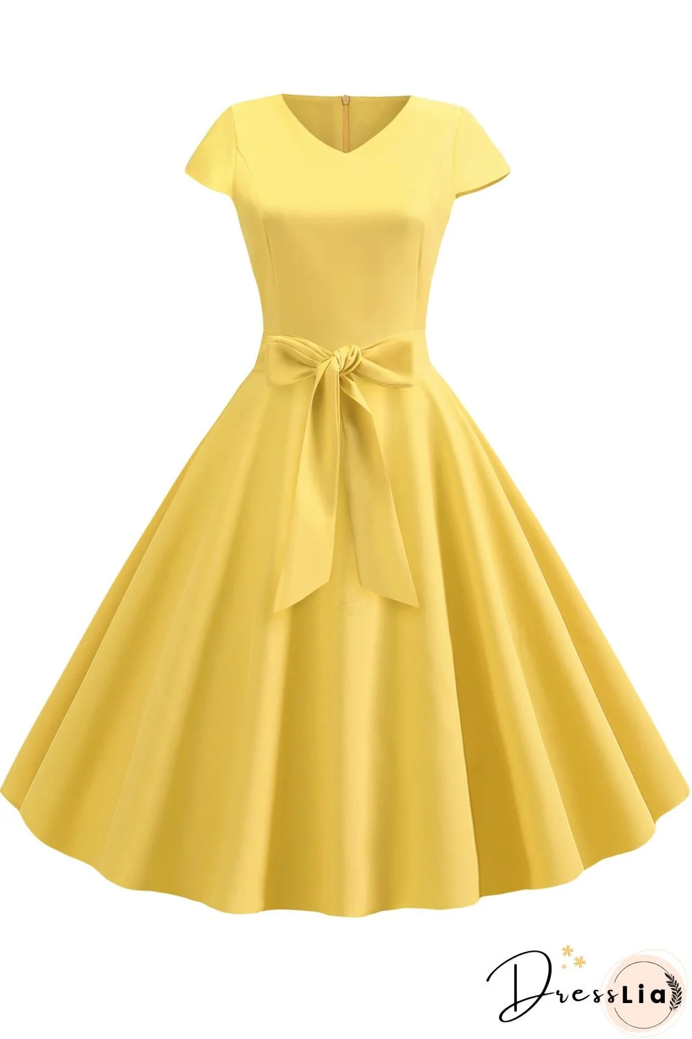 Vintage Hepburn V-neck Bowknot Swing Dress