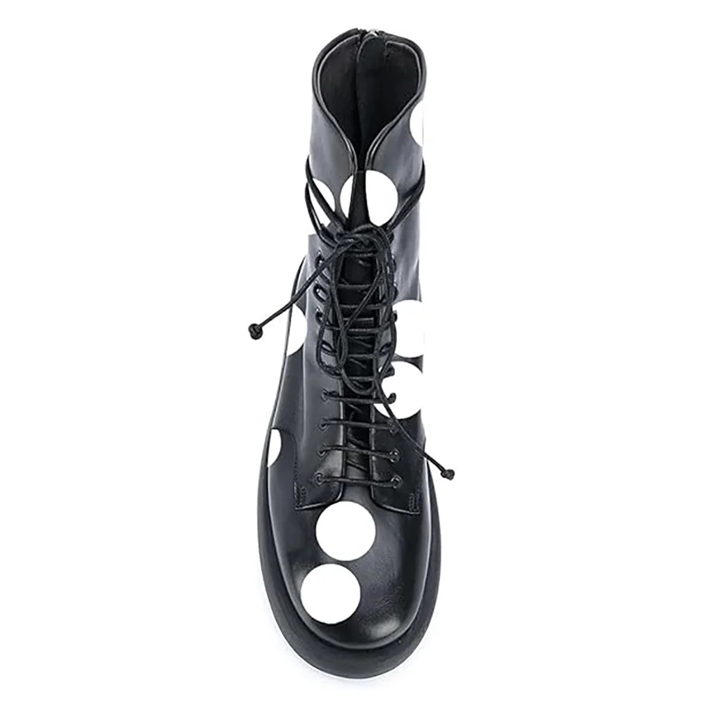Round Toe Polka Dot Vegan Leather Back-Zip Lace-Up Flat Ankle Boots
