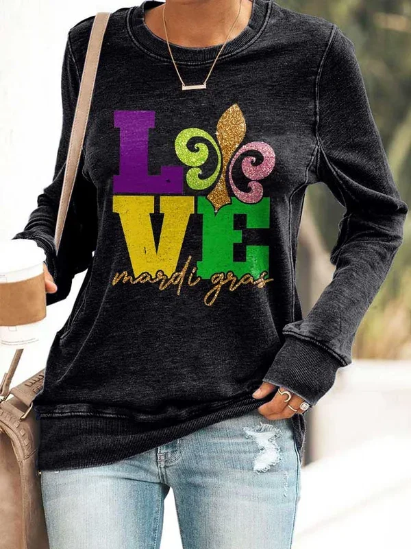 Retro Love Mardi Gras Glitter Print Sweatshirt