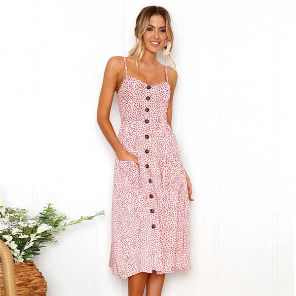 Casual Vintage Sundress Female Beach Dress Midi Button Backless Polka Dot Striped Women Dress Summer 2020Sexy Strap Floral Dress