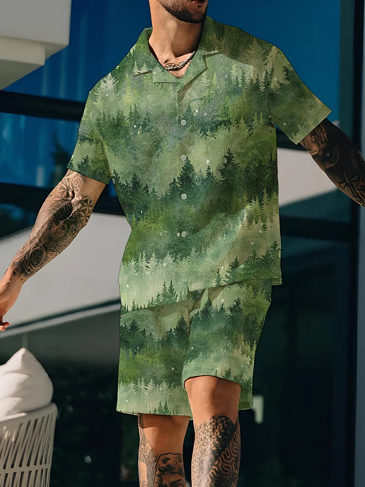 Men's Forest Watercolor Gradient Print Short Sleeve Shirt Set