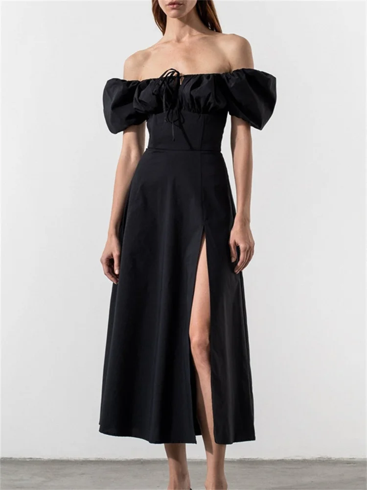 French Puff Sleeve Laced Pleated Maxi Dress
