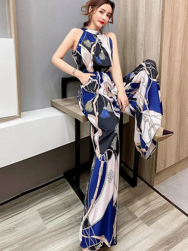 Fashion hanging neck strapless sleeveless long wide leg pants