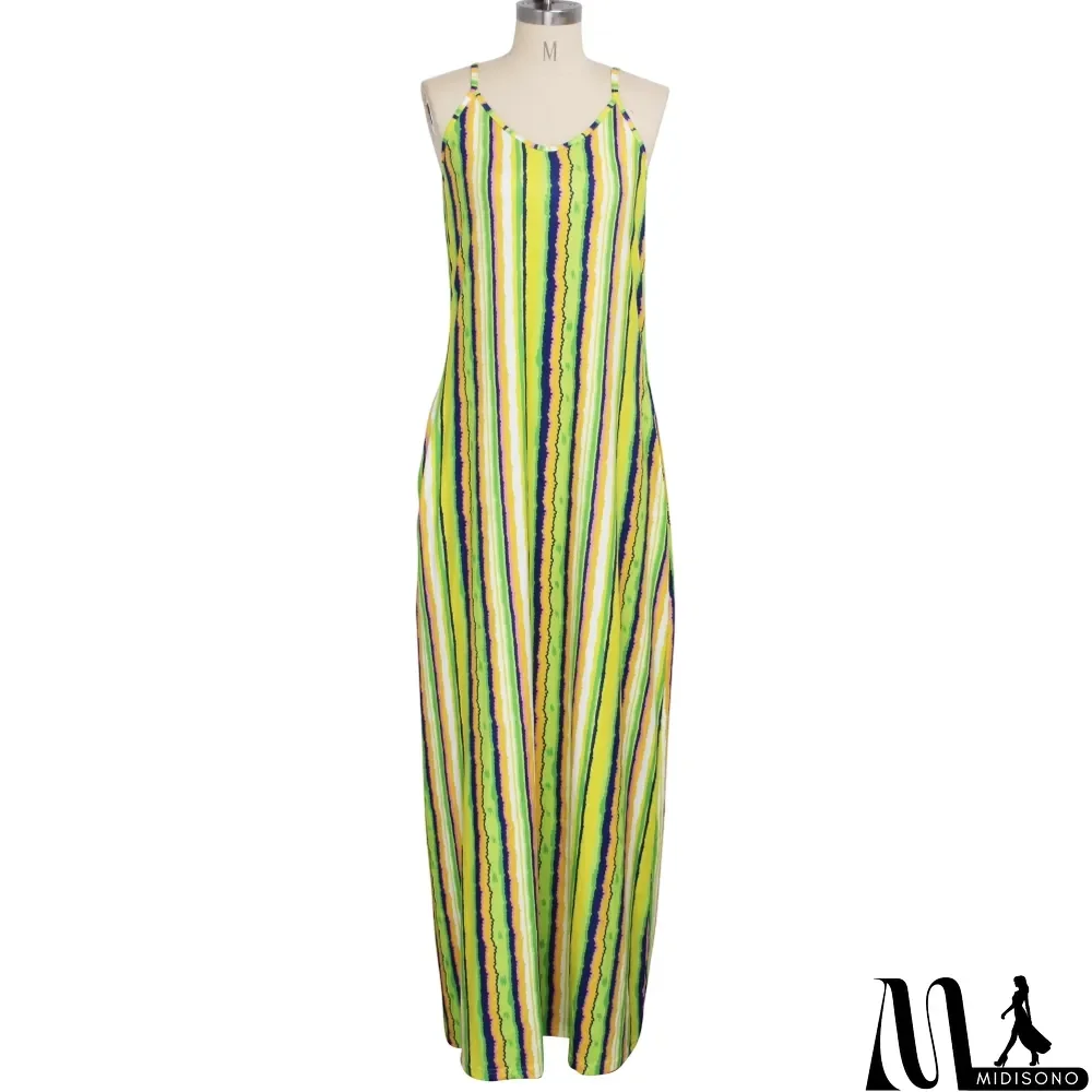 MidiSono - Summer African Colorful Stripes Strap Long Dress