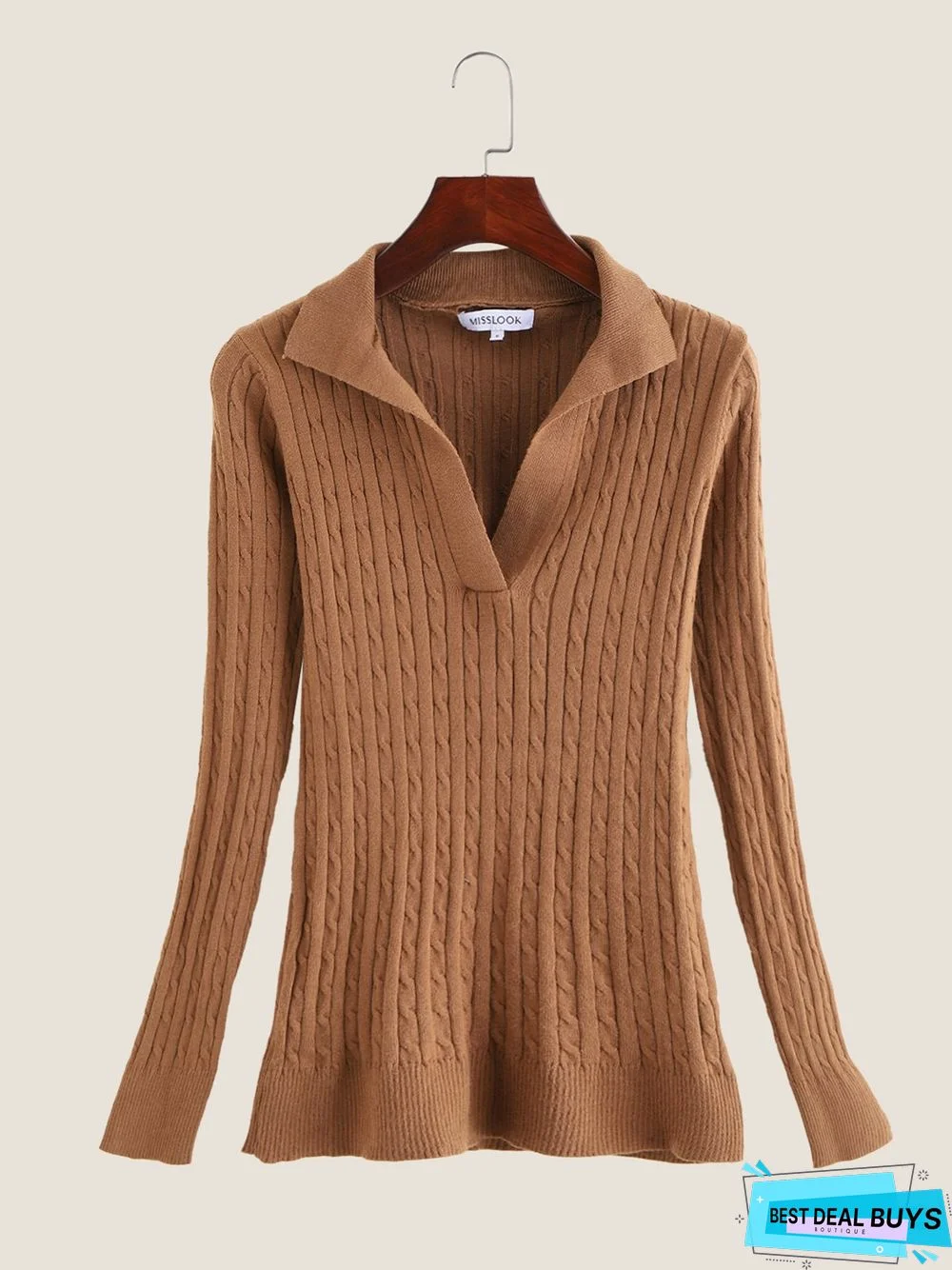 Apricot Long Sleeve Cotton-Blend Casual Sweater