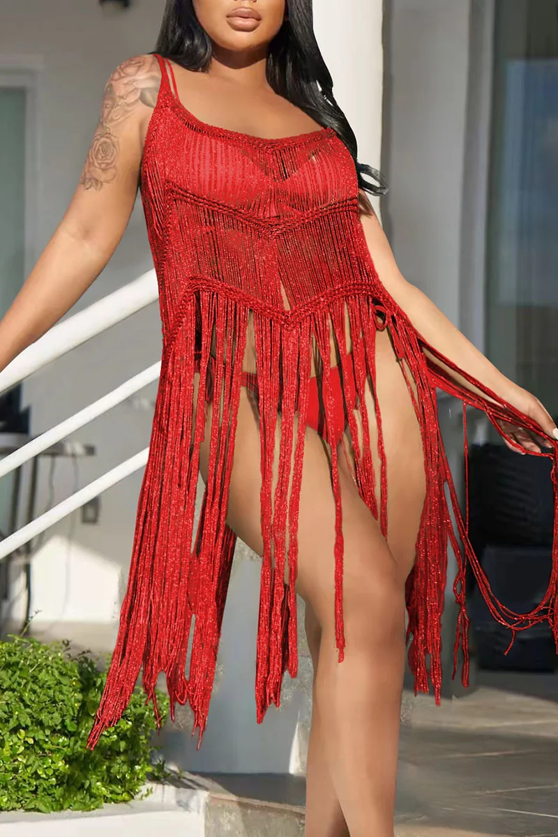 Red Sexy Solid Tassel Hollowed Out Patchwork Swimwears Cover Up | EGEMISS