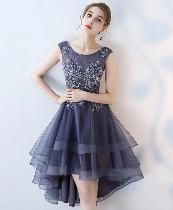 Purple Round Neck Lace Tulle High Low Prom Dress, Homecoming Dress A049