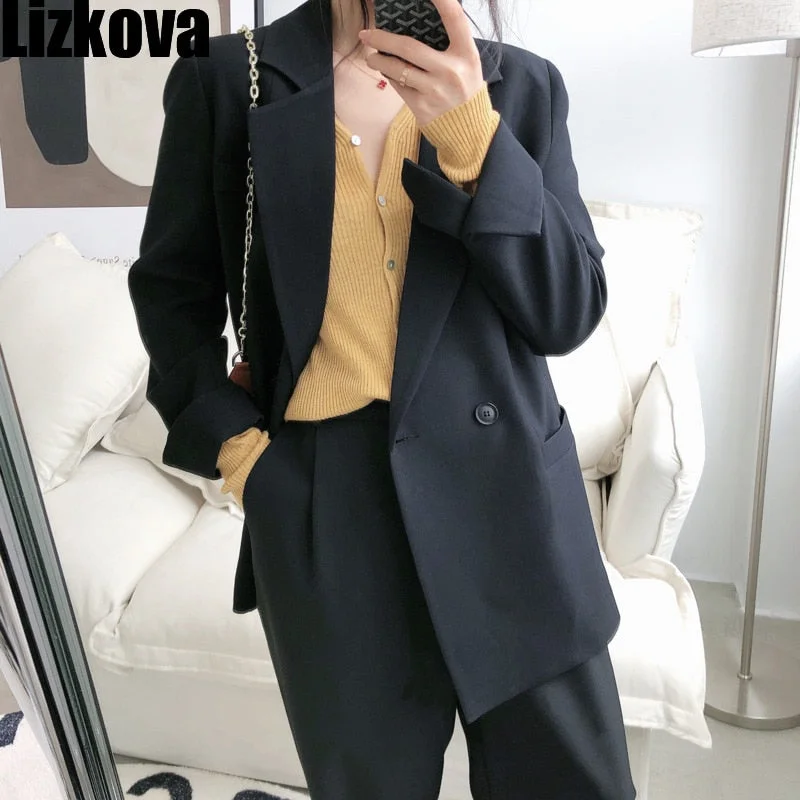 Lizkova Autumn Blazer Women 2021 Black Double Breasted Jacket Korean Pockets Long Sleeve Loose Suit Coat
