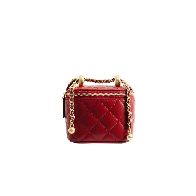 Genuine Leather Women’s Bag Spring New Arrival Sheepskin High-Grade Rhombic Mouth Red Bag Cosmetic Bag