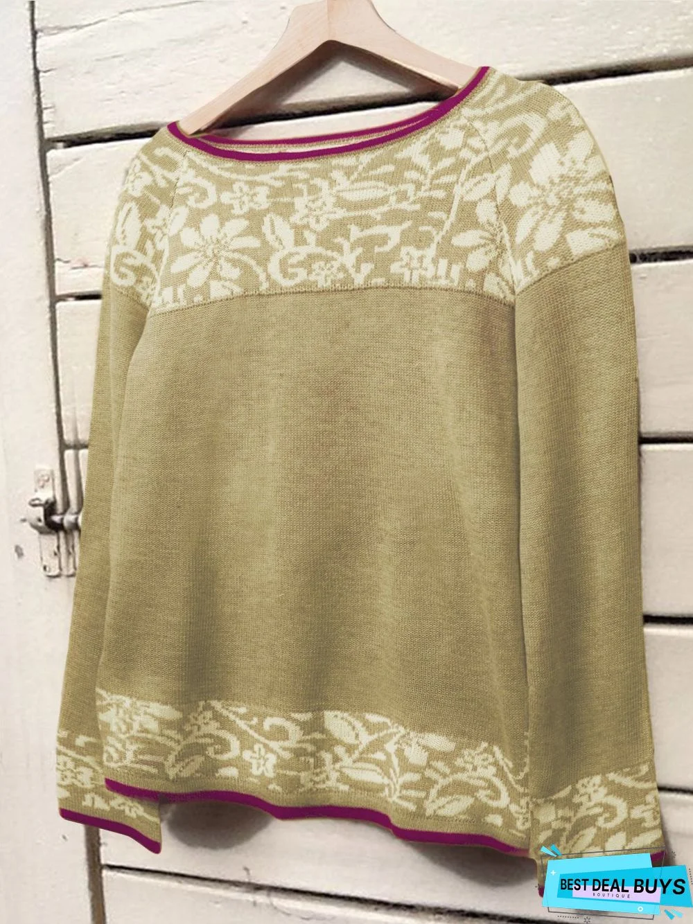 Apricot Long Sleeve Crew Neck Floral Cotton-Blend Shirts & Tops