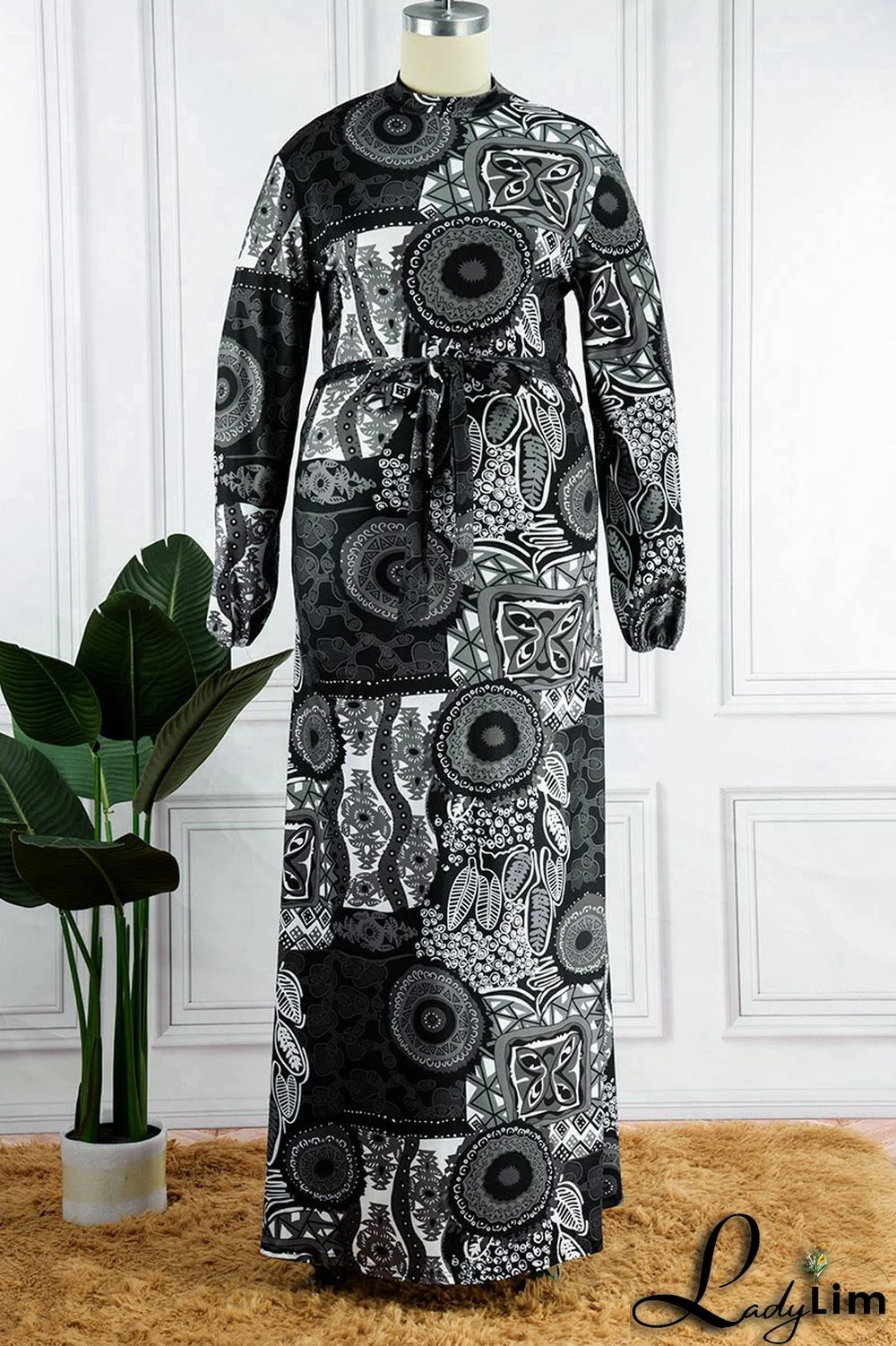 Black Fashion Casual Print Patchwork O Neck Straight Plus Size Dresses