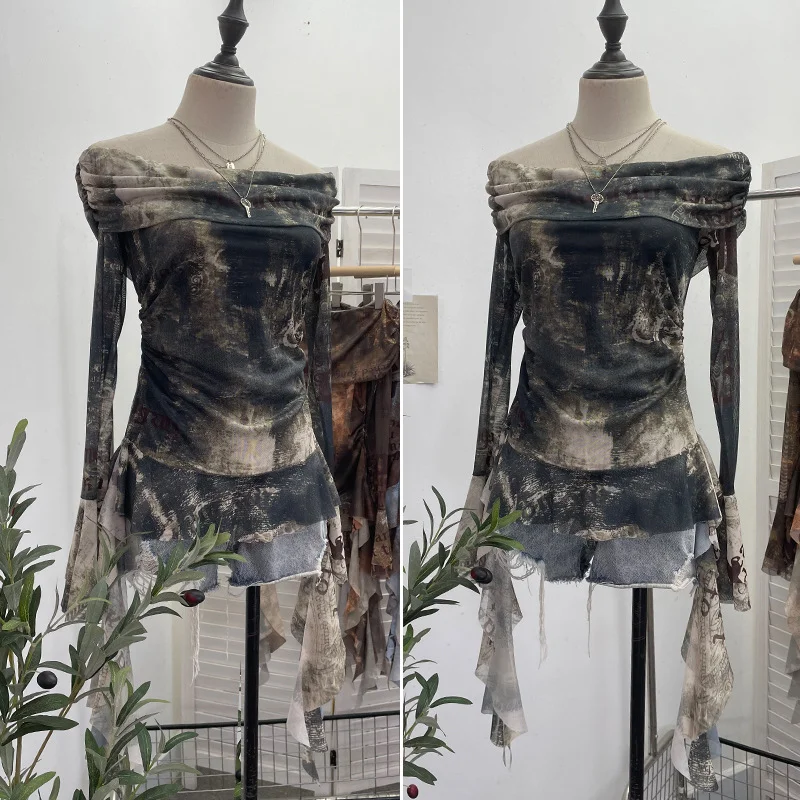 Uveng Real Shot Shoulder Strap Tie Dyed Net Shawl Shirt T-Shirt T-Shirt T-Shirt Design Folded Long-Sleeved T-Shirt 8003