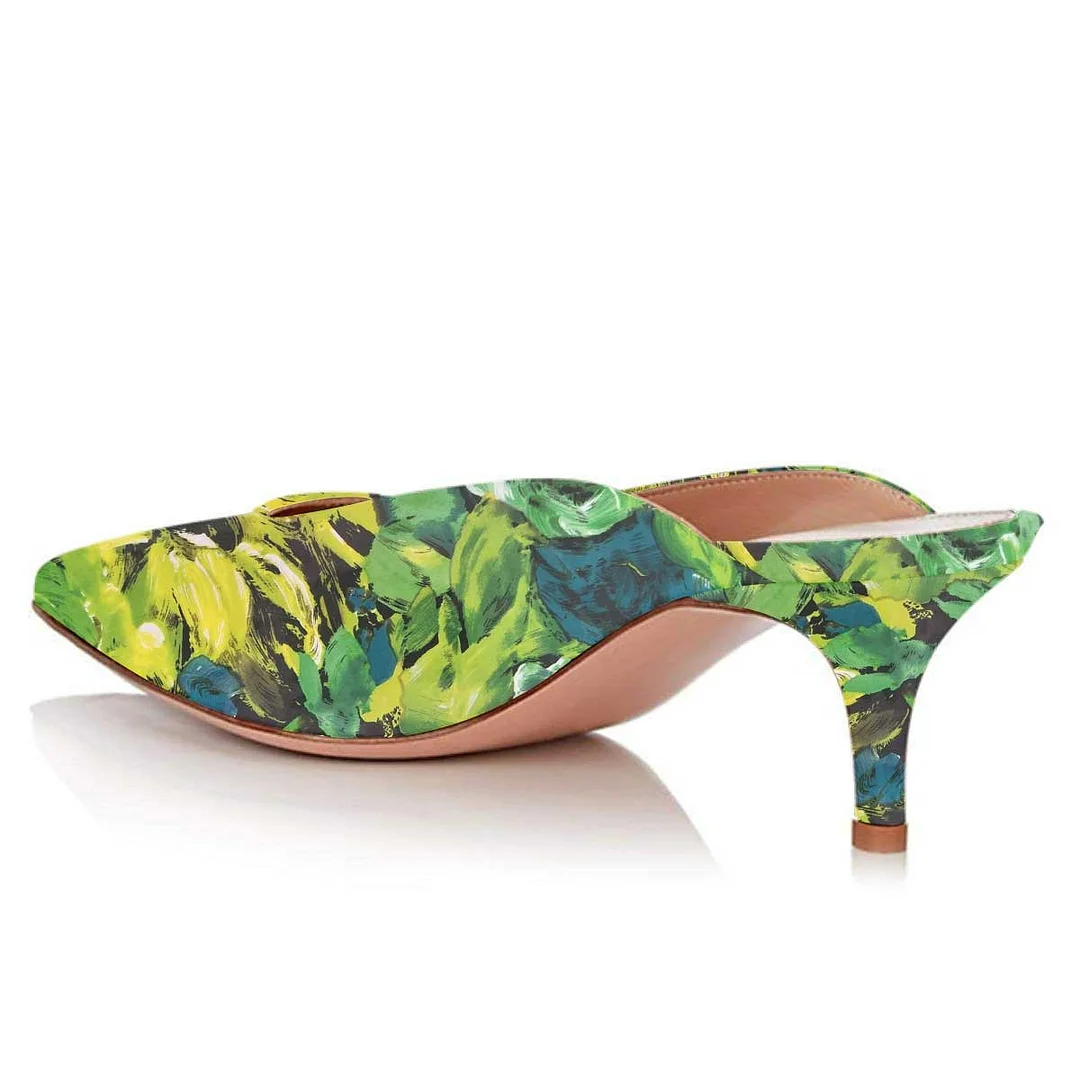 YDN Simple Green Painting Pointed Toe Slip-On Mules for Women