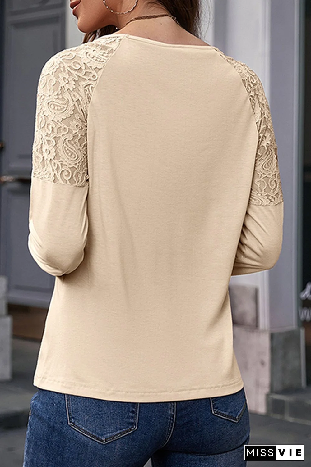 Casual Patchwork Lace Hollowed Out O Neck Tops