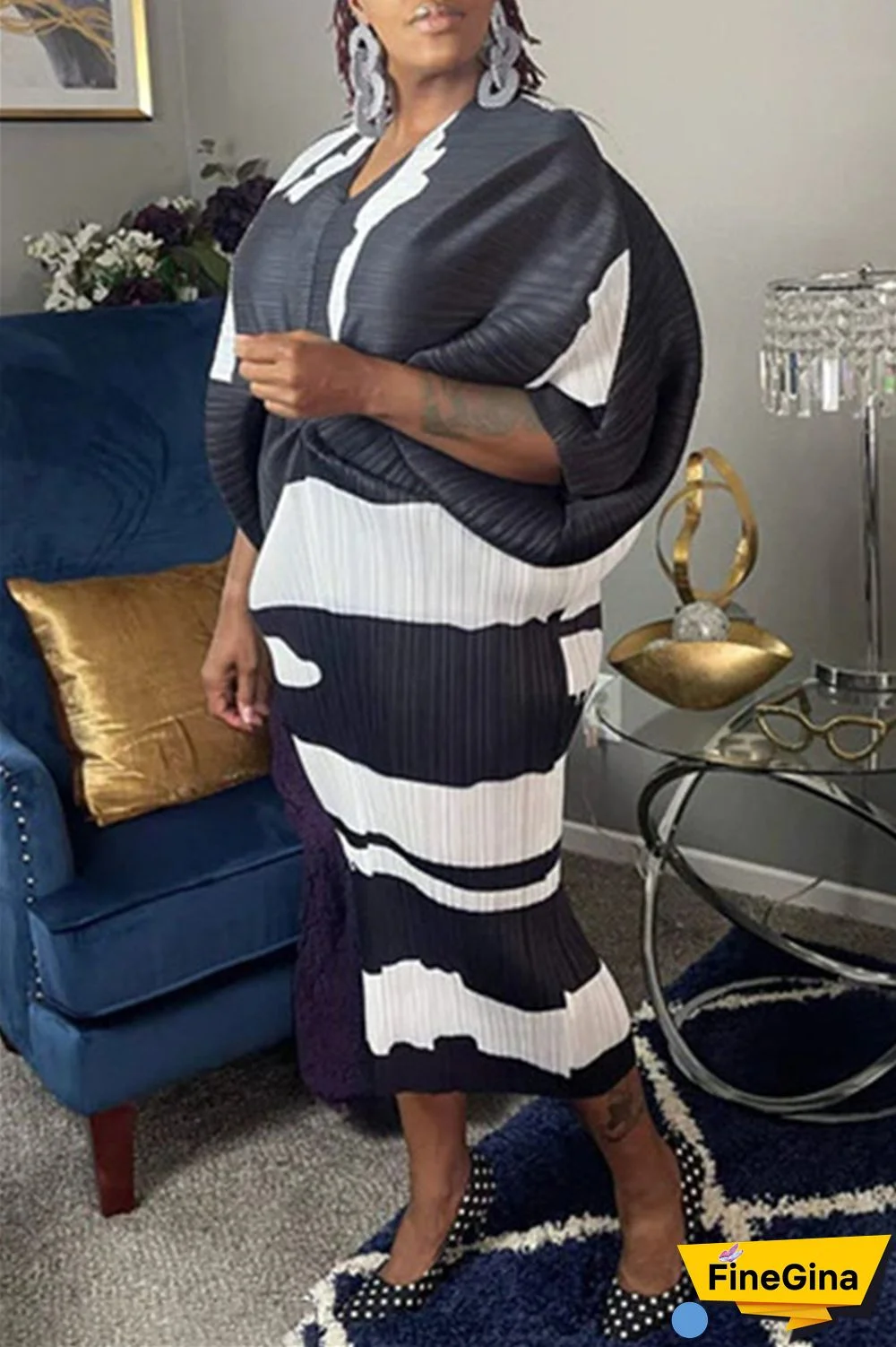 Pink Purple Casual Print Patchwork V Neck Pencil Skirt Plus Size Dresses