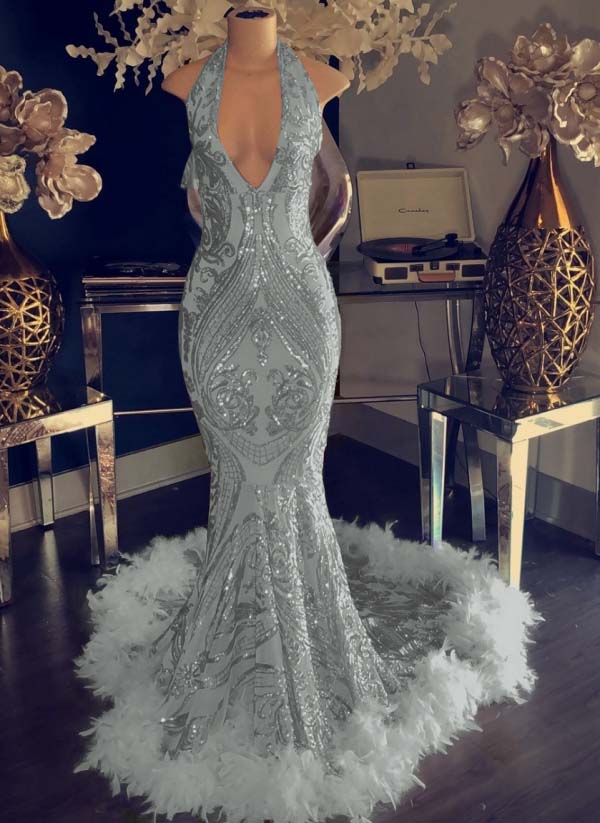Mermaid Halter Applique Sequins Backless Satin Ruffles Prom Dresses LBQ2231