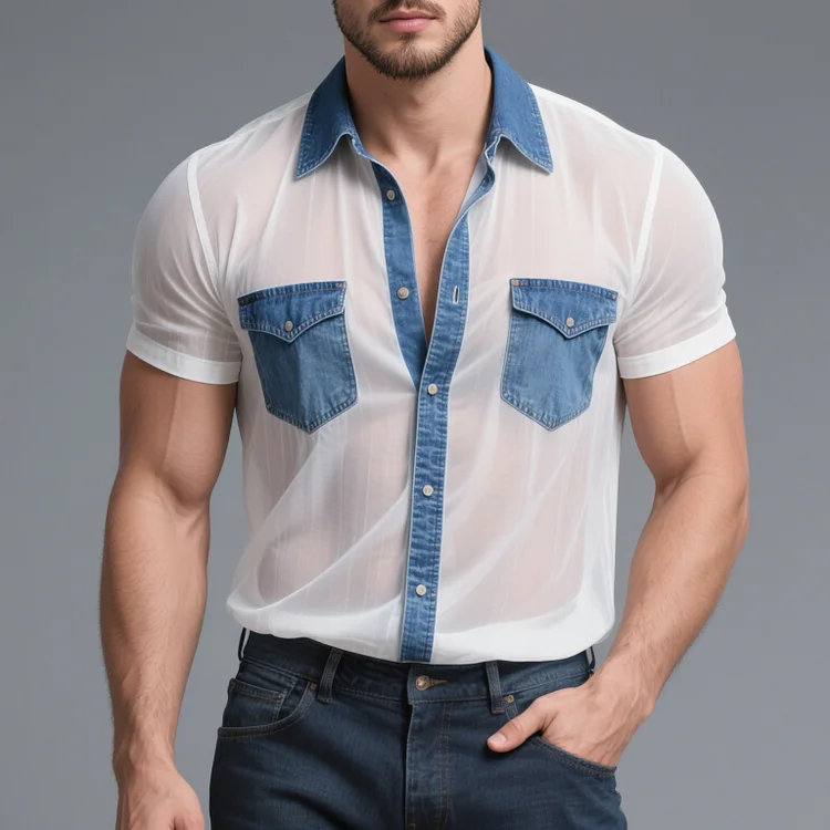 Okaywear See-Through Denim Patchwork Flap Pocket Button Short Sleeve Shirt 