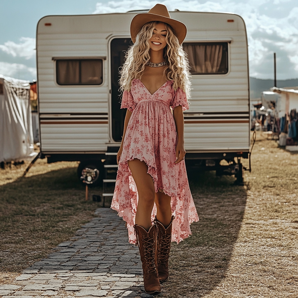 Western Cowgirl Vintage Floral Irregular Hem Dress