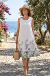 Front view of elegant floral placement print summer dress for mature women