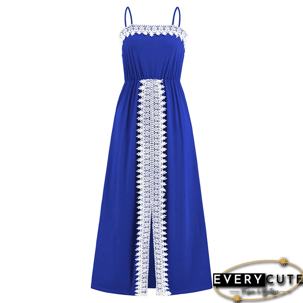 Blue Spliced Lace Trim Spaghetti Straps Dress