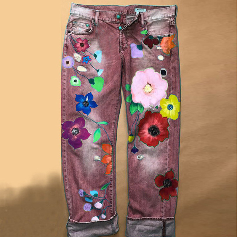 Women&lsquo;s Casual Loose Denim Flower Printed Jeans wearshes
