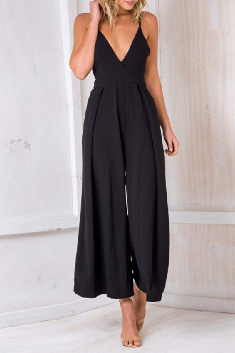 Sexy Solid Patchwork Spaghetti Strap Loose Jumpsuits(3 Colors)