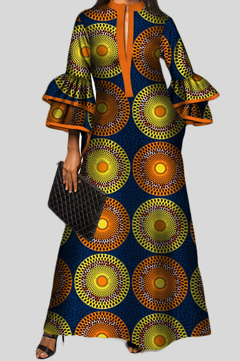 Vintage Print Patchwork V Neck A Line Dresses