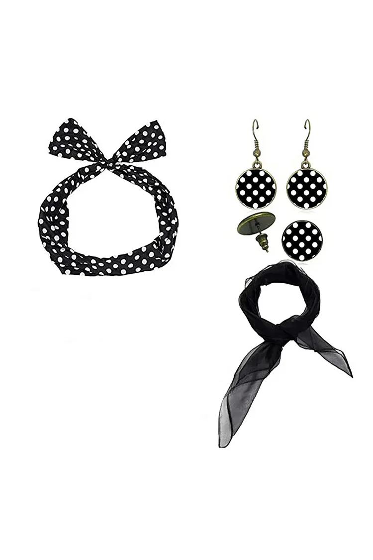 1950s Black Party Sharp Cat Eye Glasses Polka Dot Head Hoop Earrings Accessory Set