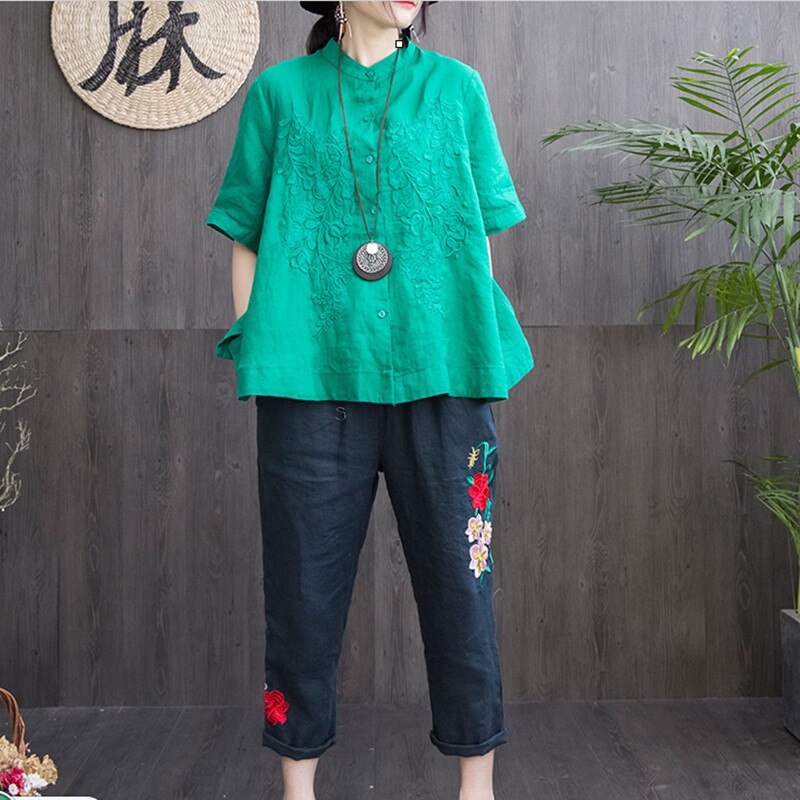 Stand Collar Tops New 2021 Summer Casual Short Sleeve Solid Color Embroidery Loose 5 Colors Women Shirts