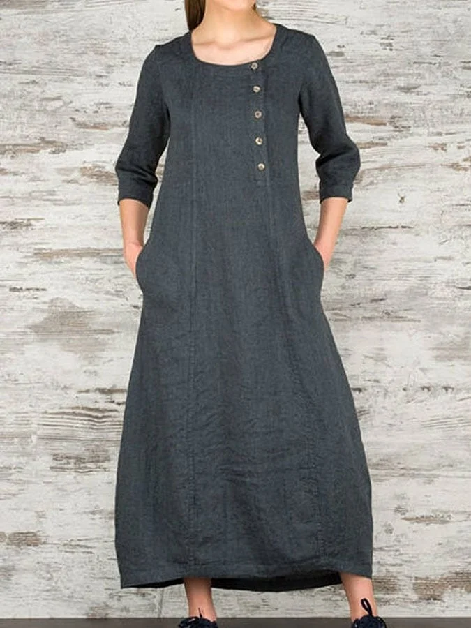 Loose Solid Color Round Neck Dress A Line Casual Maxi Dress