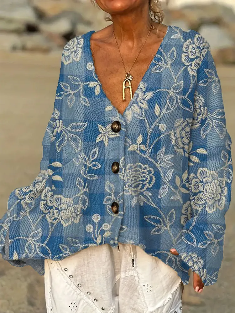 Women's Vintage Flower Art Print Casual Pullover Sweater