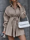 Urban Solid Color Bandage Lapel Collar Long Sleeves Mini Dress
